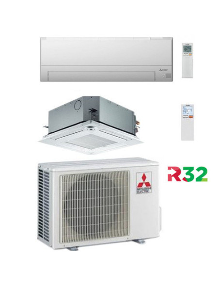 Climatizzatore Condizionatore Mitsubishi Cassetta + Split R32 SLZ-M + MSZ-BT Dual Split Inverter 12000 + 12000 BTU con U.E. M...