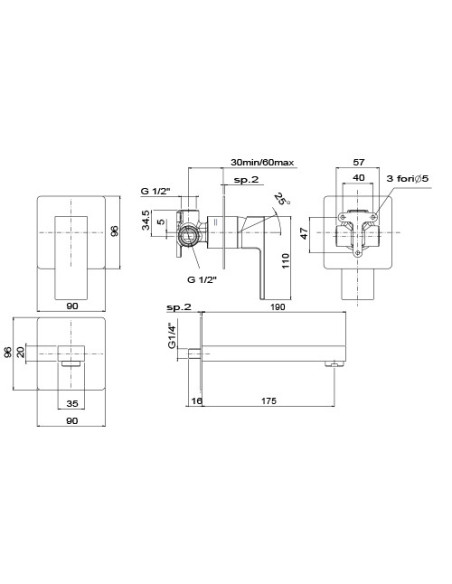 Rubinetto Miscelatore per lavabo a parete serie Twinkle YO Jacuzzi senza scarico 0TWYO497JA00 nero opaco - Climaway