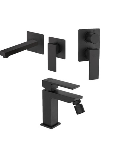 Set Rubinetti Jacuzzi per lavabo a parete e bidet senza scarico e doccia incasso con deviatore serie Twinkle YO nero opaco - ...