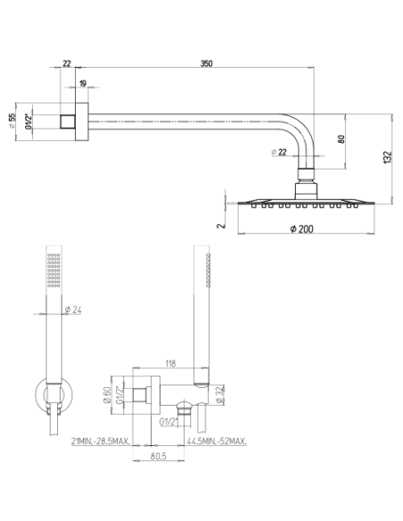 Kit doccia Jacuzzi tondo con soffione + braccio + doccetta e supporto con presa acqua art. 0SUYO907JA00 nero opaco - Climaway