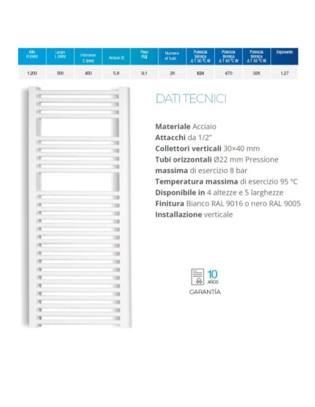 Termoarredo serie Zeta T 1200x550 mm 500 Interasse bianco RAL9016 - Dritto - Climaway